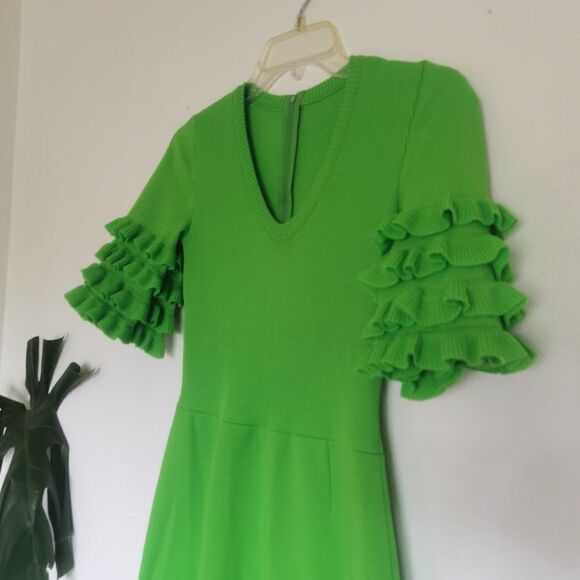 Rare Designer Vintage 70sΒ Dressβin Neon Lime Green Maxi Ruffle PuffβSleeves - Picture 3 of 8